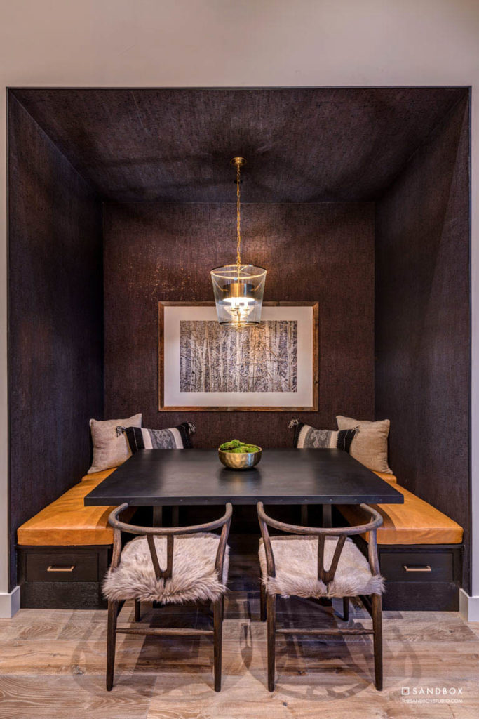 SANDBOX-MARTIS-CAMP-89-MOUNTAIN-TRANSITIONAL-GREAT-ROOM-GAME-NOOK-BRASS-ACCENTS-CUSTOM-BUILT-IN-BOOTH-BANQUETTE image